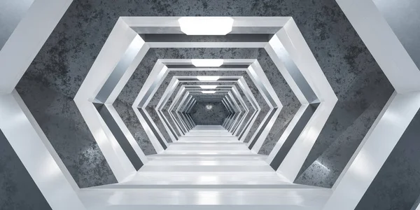 Λευκό σύγχρονο φουτουριστικό sci-fi τούνελ διάδρομο διαστημικό σταθμό 3d καθιστούν εικονογράφηση — Φωτογραφία Αρχείου