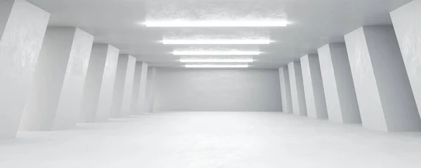 Αφηρημένη μεγάλο λευκό κενό κτίριο εσωτερική αίθουσα 3d καθιστούν εικονογράφηση — Φωτογραφία Αρχείου