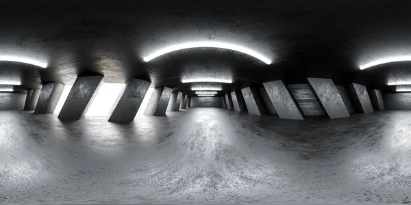 Completo 360 graus vista panorâmica esférica de concreto local industrial abstrato edifício interior 3d render ilustração hdr hdri vr estilo — Fotografia de Stock