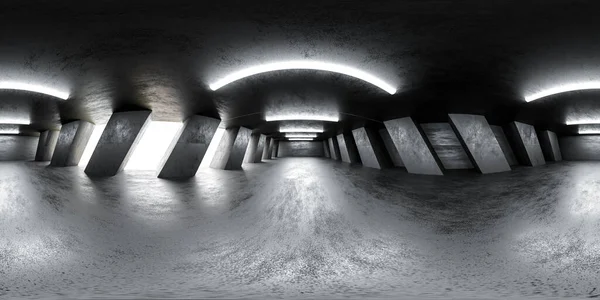 Volledige 360 graden bolvormig panorama uitzicht op concrete industriële site abstract gebouw interieur 3d weergave illustratie hdr hdri vr stijl — Stockfoto