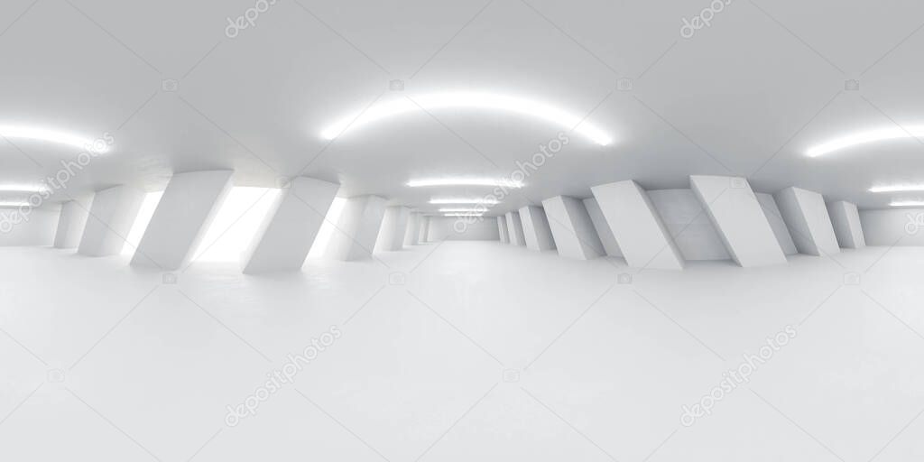 full 360 spherical panorama view of big abstract futuristic hall basement open building 3d render illustration