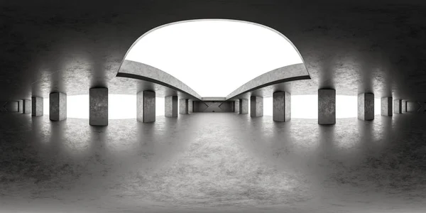Tam 360 derece sanayi binası manzaralı açık tavan ve koyu beton yüzey 3D resimleme