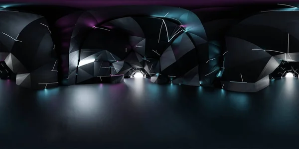 Fütürist bilim-kurgu ortamının 360 küresel görünümü ve neon ışıkları 3D görüntüleme hdr hdri vr tasarımı