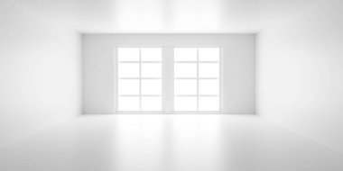 Parlak gündüz aydınlatmalı ve merkezi perspektifli boş beyaz oda modern klasik minimalist tasarım mimarisi ile üç boyutlu resimlendirme şablonu oluşturur
