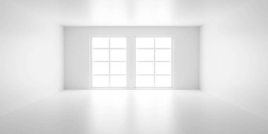 Parlak gündüz aydınlatmalı ve merkezi perspektifli boş beyaz oda modern klasik minimalist tasarım mimarisi ile üç boyutlu resimlendirme şablonu oluşturur