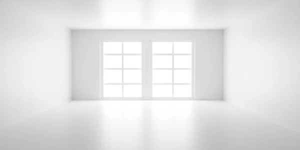 Sala branca vazia com janelas com iluminação de dia brilhante e perspectiva central 3D renderizar ilustração com design minimalista clássico moderno arquitetura simular modelo — Fotografia de Stock