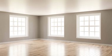 boş gri duvarlar klasik pencereli klasik tasarım odası ve parlak gündüz aydınlatma 3D resimleme