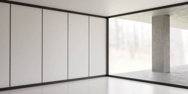 Büyük pencereli modern minimalist tasarım oturma odası ve orman manzaralı ve balkon 3d resimli ön açık