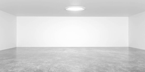 white wall in big empty room with concrete floor and reflections 3d render illustration