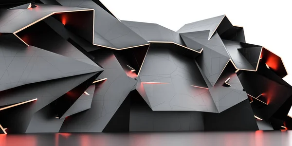 Μαύρο φουτουριστικό κτίριο με τεχνολογία σχεδιασμό κόκκινα φώτα και φωτεινό φωτισμό 3d καθιστούν εικονογράφηση — Φωτογραφία Αρχείου