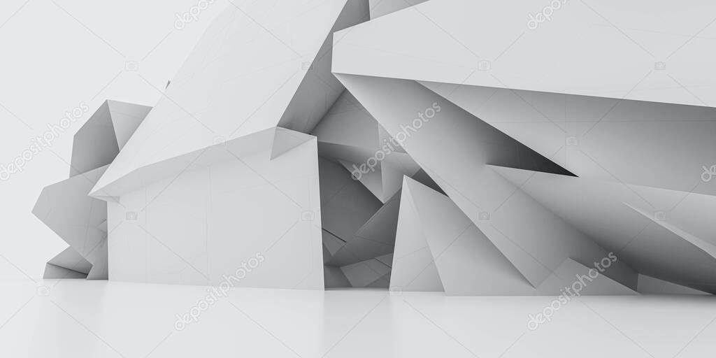white abstract geometric shape polygon building with bright day lighting 3d render illustration