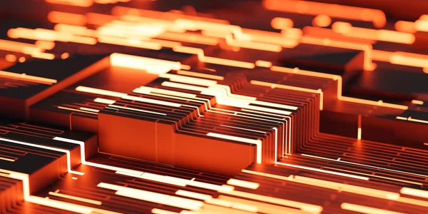 Компьютерная микровысокотехнологичная аппаратная плата с трехмерной иллюстрацией красного освещения — стоковое фото