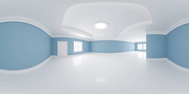 Beyaz zeminli ve mavi duvarlı boş klasik tasarım odasının tam 360 manzaralı 3D görüntü hdri hdr vr