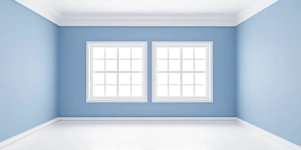 Μπλε τοίχο με μεγάλα παράθυρα και άδειο δωμάτιο με λευκό πάτωμα και αντανακλάσεις 3d καθιστούν εικονογράφηση — Φωτογραφία Αρχείου