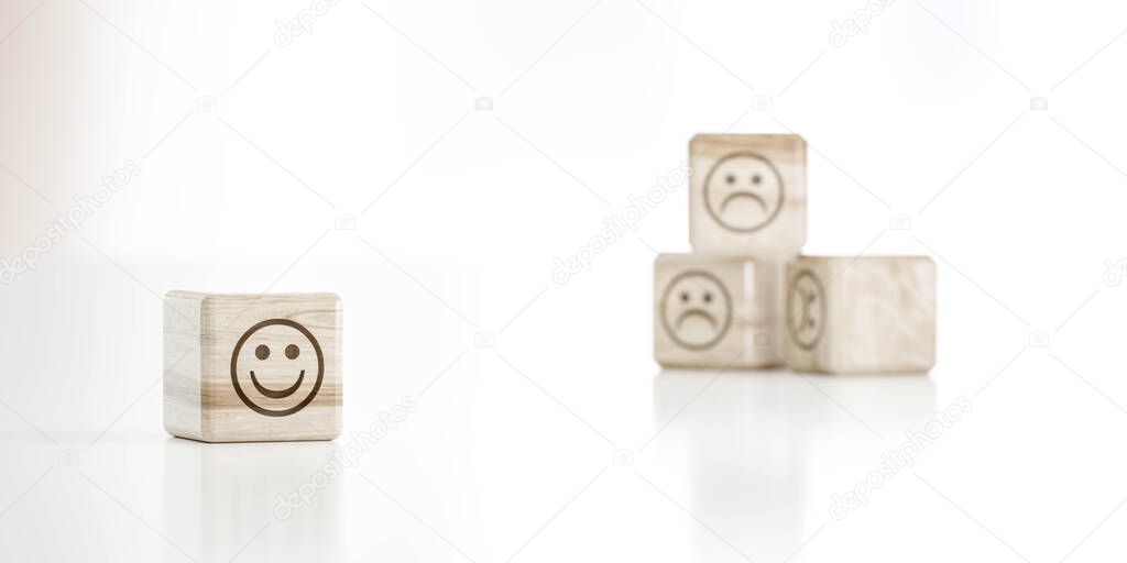 smile emoticon in front of sad emoticon wood cubes 3d render illustration