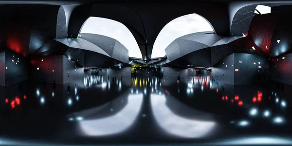 Visão panorâmica completa 360 graus de vazio abstrato tecnologia futurista edifício interior com céu e nuvens 3d renderizar ilustração hdri hdr vr estilo — Fotografia de Stock