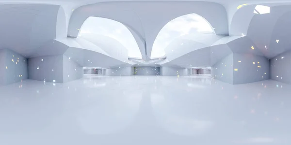 360 graus vista panorâmica completa do moderno conceito de tecnologia futurista branco edifício interior 3d render ilustração hdri hdr vr estilo — Fotografia de Stock