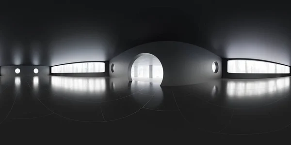 Πλήρης 360 μοίρες πανοραμική θέα του κενού σκοτεινό σαλόνι κτίριο εσωτερικό με μεγάλα παράθυρα 3d καθιστούν εικόνα hdri hdr vr στυλ — Φωτογραφία Αρχείου