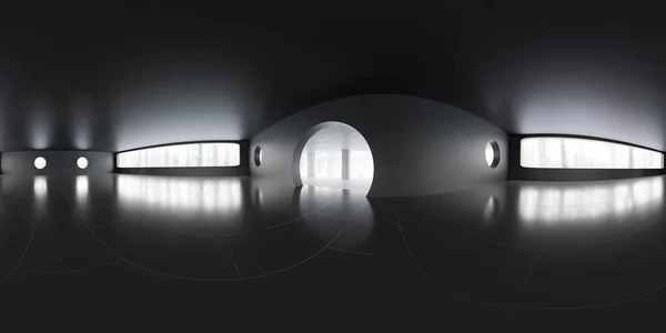 360 derecelik boş karanlık oturma odası manzarası büyük pencereli iç mekan 3D görüntü hdri hdr vr biçimi
