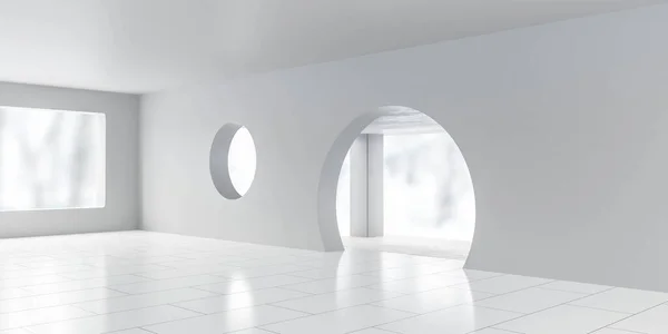 white abstract futuristic room building apartment interior with big round door and window and forest view 3d render illustration