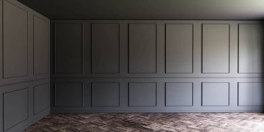 Eski stüdyo daire iç mimarisi ahşap zemin ve koyu duvarlı 3D çizim