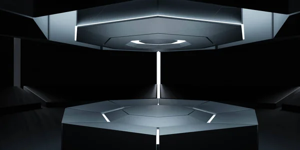 Ciemne futurystyczne podium wyświetlania produktu z futurystycznym tle studio 3d renderowania ilustracji — Zdjęcie stockowe