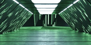 yeşil gelecekteki teknoloji metal yapı uzay gemisi iç tasarımı 3D resimleme