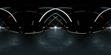 Karanlık fütüristik tünel inşaatının tam 360 panorama görüntüsü. İç stüdyo 3D görüntü hdri hdr vr biçimi.