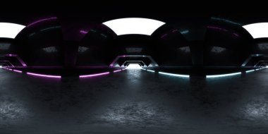 Modern fütüristik soyut tünelin 360 derecelik küresel panorama görüntüsü ve neon ışıklandırma 3d render illüstrasyon hdri hdr vr biçimi