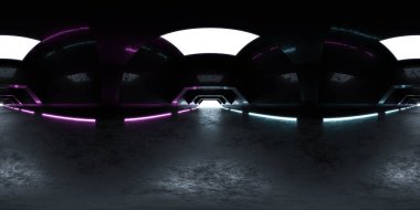 full 360 degree spherical panorama view of modern futuristic abstract tunnel with neon lighting 3d render illustration hdri hdr vr style clipart
