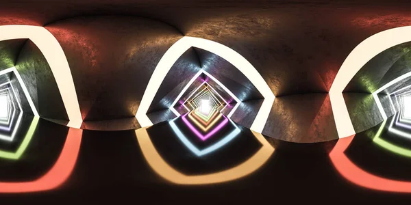 Volle 360 sphärische panorama-ansicht des konzertierten tunnels mit farbenfroher neonbeleuchtung 3d render illustration hdri hdr vr style — Stockfoto