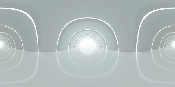 Vista panorámica 360 en blanco moderno vacío tecnología futurista concepto túnel pasillo interior 3d render ilustración hdri hdr vr estilo —  Fotos de Stock