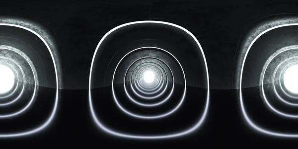 360 μοίρες πανόραμα της αφηρημένης φουτουριστικό σκοτεινό τούνελ υπόστεγο διάδρομο 3d καθιστούν εικονογράφηση — Φωτογραφία Αρχείου