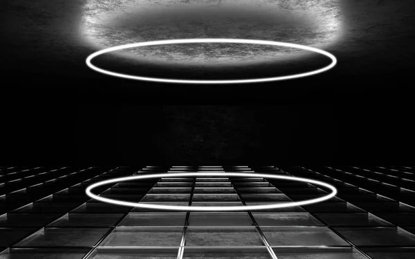 Abstrakt ljus remsa futuristiska mörk produkt visa upp podium piedestal i mörkt rum 3d render illustration — Stockfoto