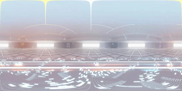 Πλήρης 360 πανόραμα φουτουριστικό εκθεσιακό χώρο με φώτα νέον και προϊόν βιτρίνα έννοια τεχνολογίας βάθρου 3d καθιστούν εικόνα hdri hdr vr στυλ — Φωτογραφία Αρχείου