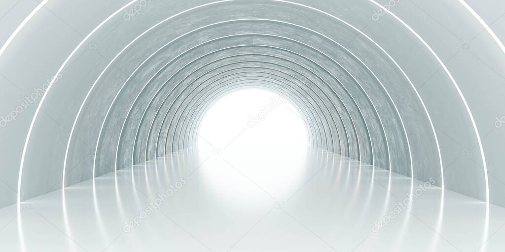 Architectural modern white concrete arched ceiling semicircular shape empty building interior tunnel hallway 3d render illustration