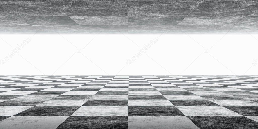 abstract building environment with black and white chess tile floor pattern 3d render illustration