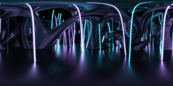 Pełna panorama 360 stopni futurystyczne wnętrze budynku z neonów światła 3d renderowania ilustracja hdri hdr vr styl panorama — Zdjęcie stockowe
