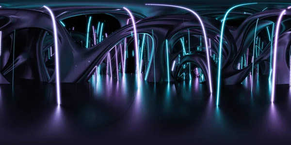 360 derecelik fütüristik bina iç mekanı neon ışıkları 3D görüntü hdri hdr vr tarzı panorama