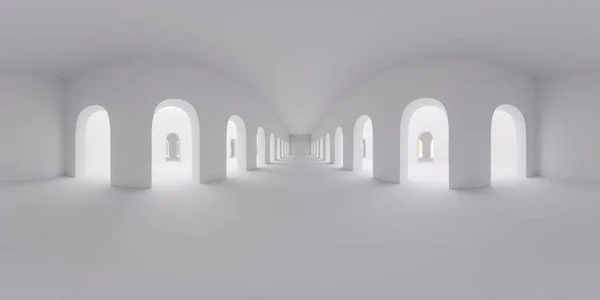 Сферична 360 градусів панорама порожньої порожньої білої студії з яскравим денним освітленням 3d ілюстрація HDri hdr vr стиль — стокове фото