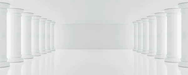 Ampty abstrato futurista estúdio salão branco com colunas 3d renderização ilustração — Fotografia de Stock