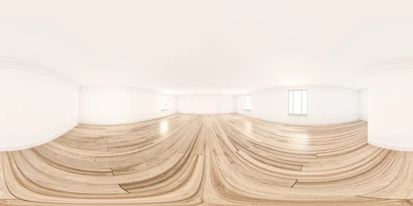 full 360 degree panorama environment map of white emty studio room with wooden floor 3d render illustration hdri hdr vr style