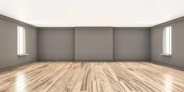 Μοντέρνο κλασικό λευκό άδειο στούντιο με ξύλινο πάτωμα 3d καθιστούν εικονογράφηση — Φωτογραφία Αρχείου
