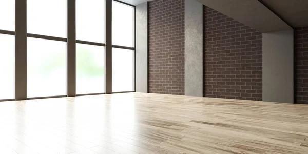 Empty contemporary loft with brick wall,wooden floor and concrete columns studio 3d rendering illustration — Stock Photo, Image