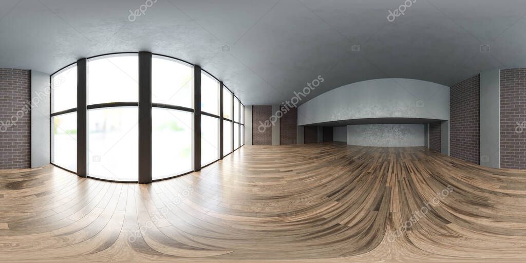full 360 panorama view environment map of industrial style loft studio with wood floor 3d render illustration hdri hdr vr style