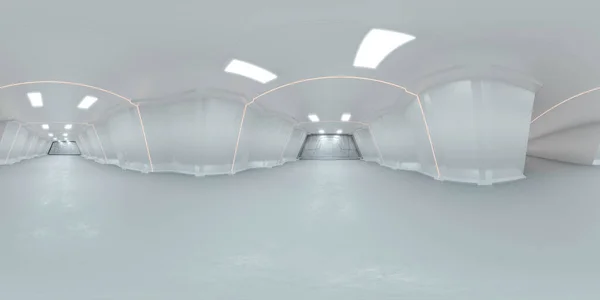 360 μοίρες πλήρης πανοραμική άποψη της σύγχρονης λευκής φουτουριστικής τεχνολογίας έννοια κτίριο εσωτερικό 3d καθιστούν εικόνα hdri hdr vr στυλ — Φωτογραφία Αρχείου