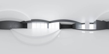 tam 360 derece panorama modern çatı katı beyaz tavan ve zemin ve siyah duvarlar hdri hdr vr biçim resimleme