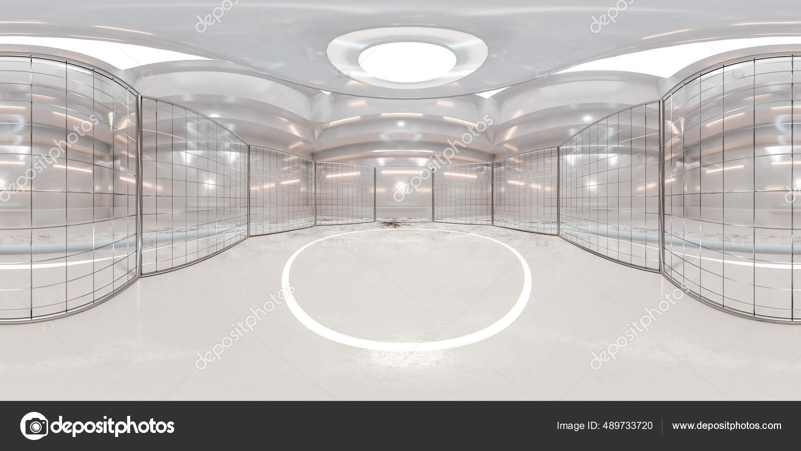 Full 360 degree panorama virtual environment map of mma cage in industrial hall 3d render illustration hdri hdr vr style Stock Photo by ©eliahinsomnia 489733720