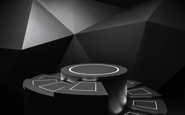 Μαύρο βάθρο για την οθόνη, πλατφόρμα για το σχεδιασμό, κενό προθήκη περίπτερο 3D απεικόνιση απόδοση — Φωτογραφία Αρχείου