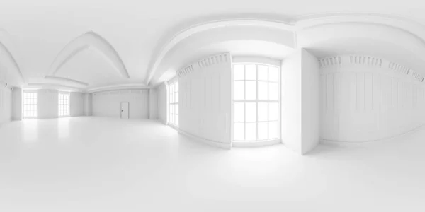 Vollständige 360 Grad äquivalente äquirechteckige kugelförmige Panorama der weißen leeren klassischen Vintage-Studio-Interieur 3D-Render-Illustration hdri hdr vr Stil — Stockfoto